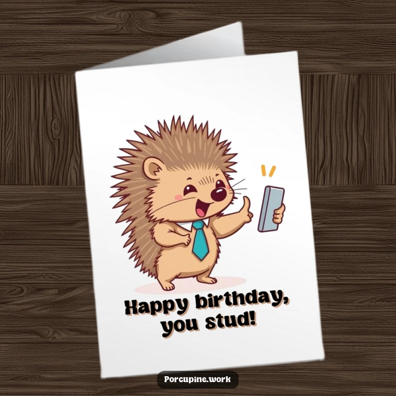 Funny Free Printable Birthday Card: A porcupine in a tiny tie excitedly high-fives a coworker, celebrating a special occasion.