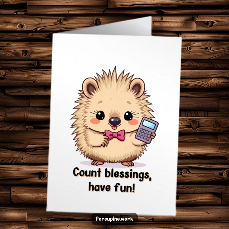 Funny Free Printable Birthday Card: Determined porcupine in a bowtie, holding a calculator, ready to crunch numbers.