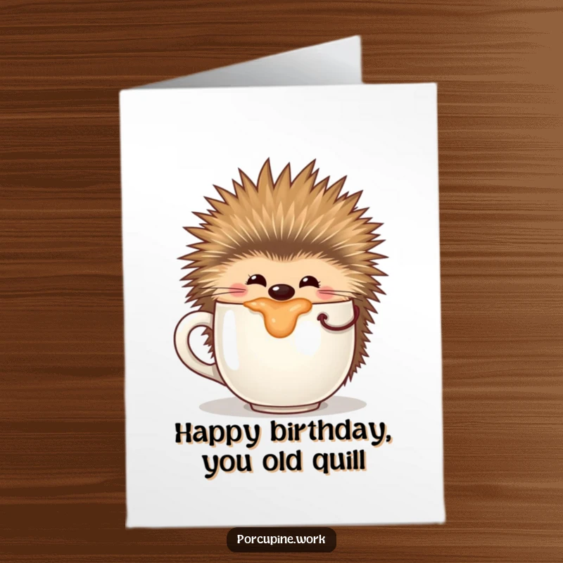Funny Free Printable Birthday Card: A relaxed porcupine happily sips from a giant coffee mug, celebrating a warm birthday.