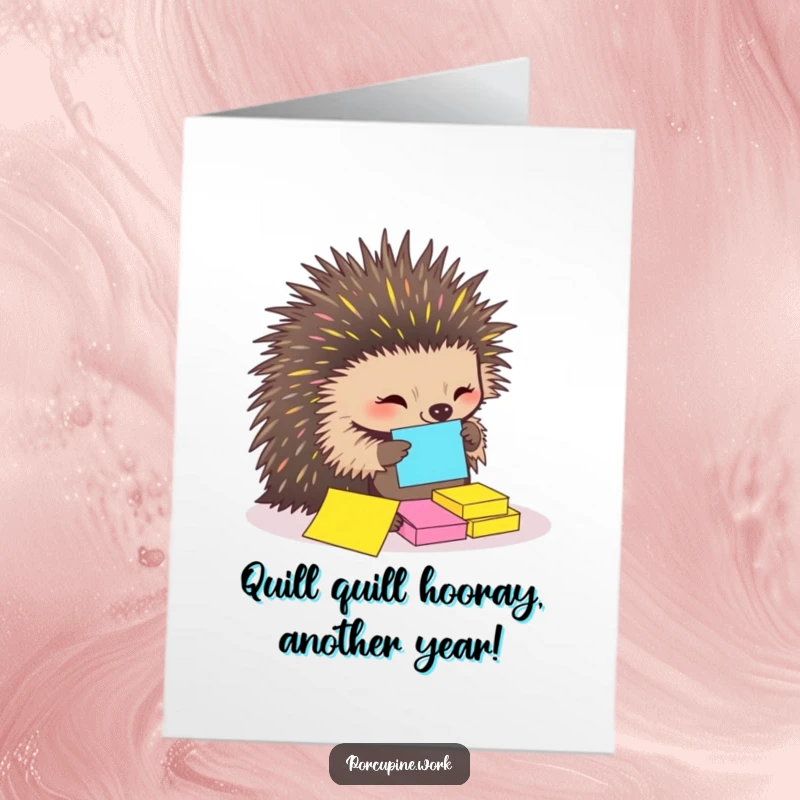 Funny free printable birthday card: a porcupine uses its quills to meticulously organize colorful sticky notes with a determined expression.