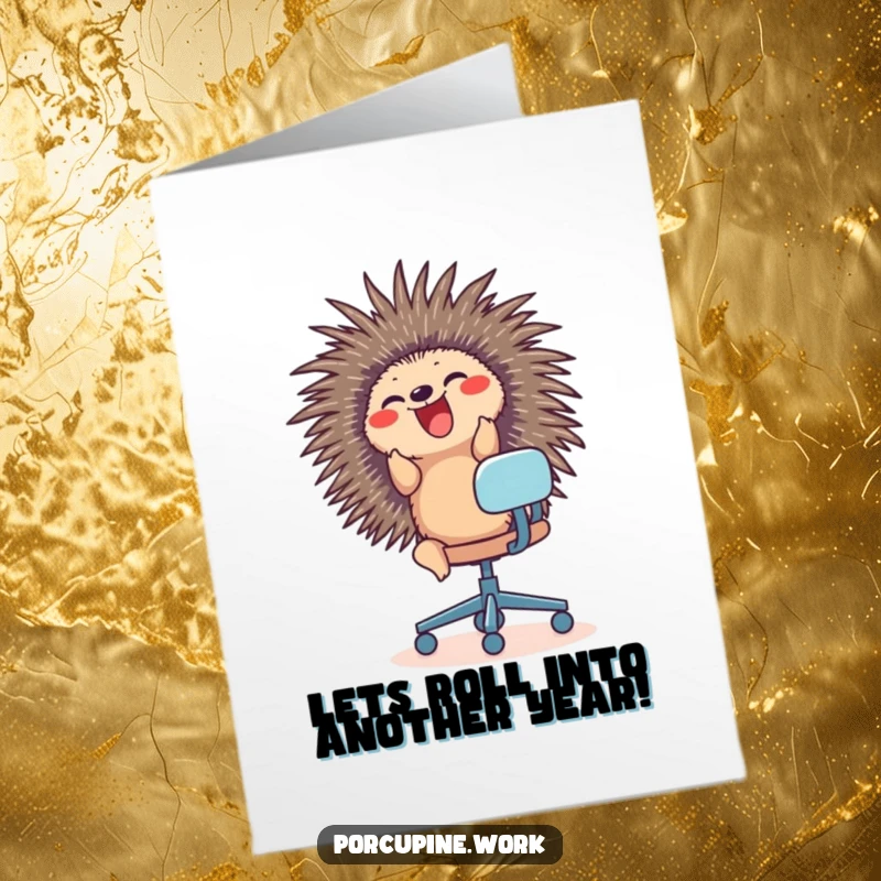 Funny Free Printable Birthday Card: A porcupine joyfully rides an office chair with pure glee, celebrating a birthday.