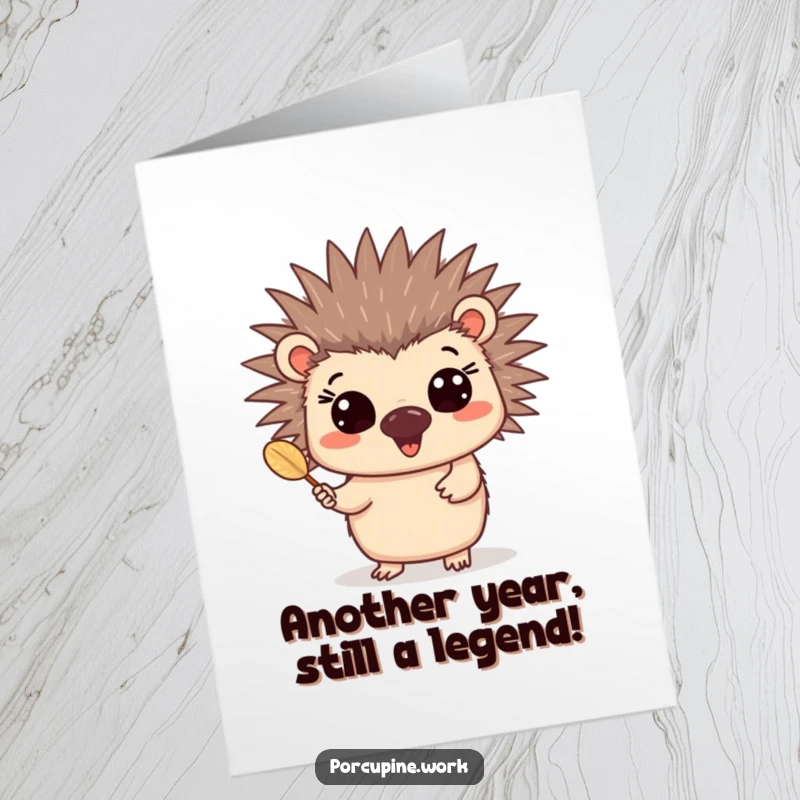 Funny Free Printable Birthday Card: Cheerful porcupine with happy eyes, presenting a single quill, full of joy.
