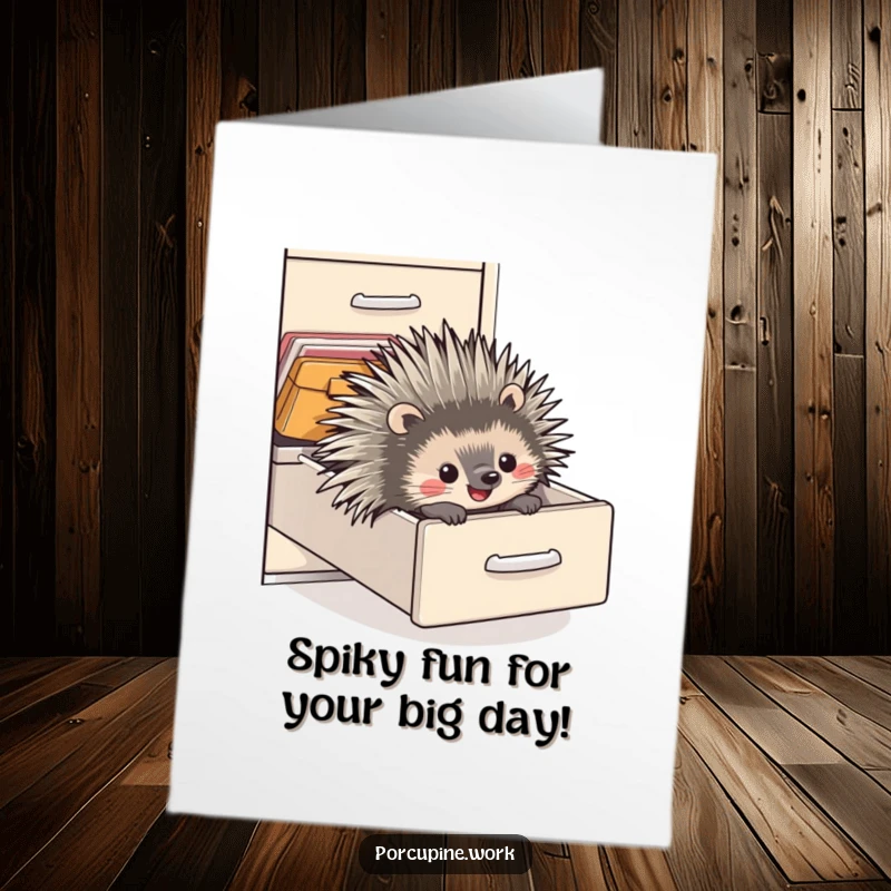 Funny Free Printable Birthday Card: A porcupine gleefully slides down an open filing cabinet drawer, pure joy on its face.
