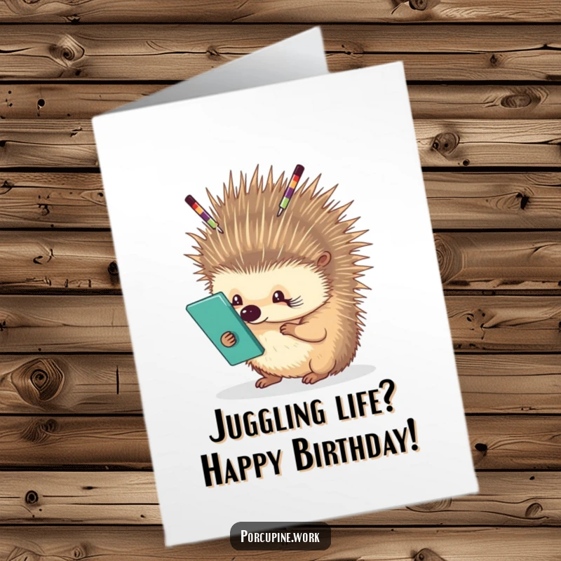 Funny free printable birthday card showing a porcupine expertly balancing office supplies like pens and clips on its quills.