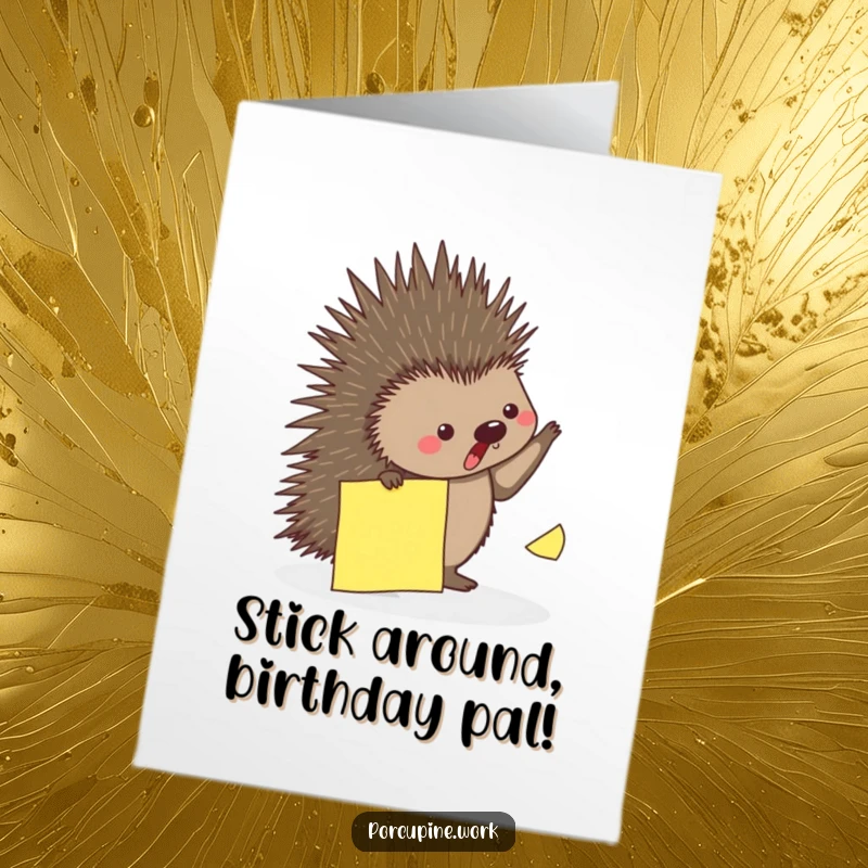 Funny Free Printable Birthday Card: A porcupine playfully dodging a falling sticky note, celebrating birthday chaos.