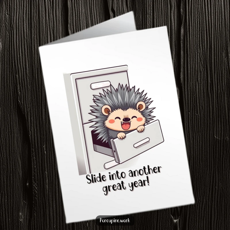 Funny Free Printable Birthday Card: A porcupine joyfully slides down a filing cabinet, exuding pure birthday bliss. A unique downloadable.