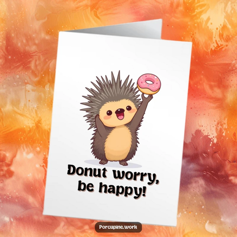 Funny Free Printable Birthday Card: A triumphant porcupine holds a tiny donut aloft, celebrating a sweet victory.