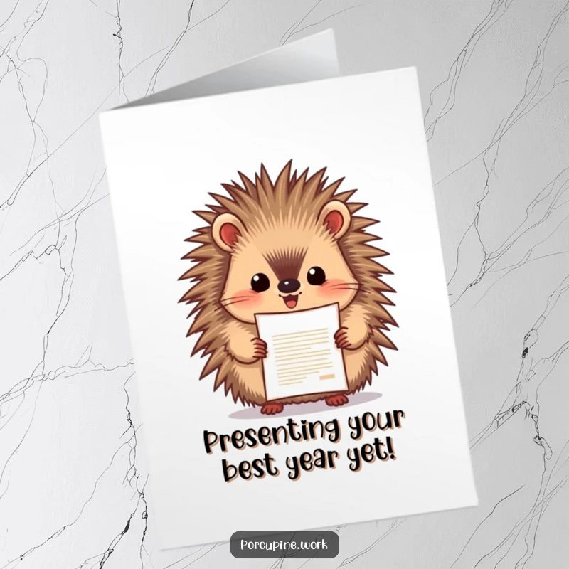 Funny free printable birthday card featuring a proud porcupine holding up a document with a huge smile. Celebrating success!