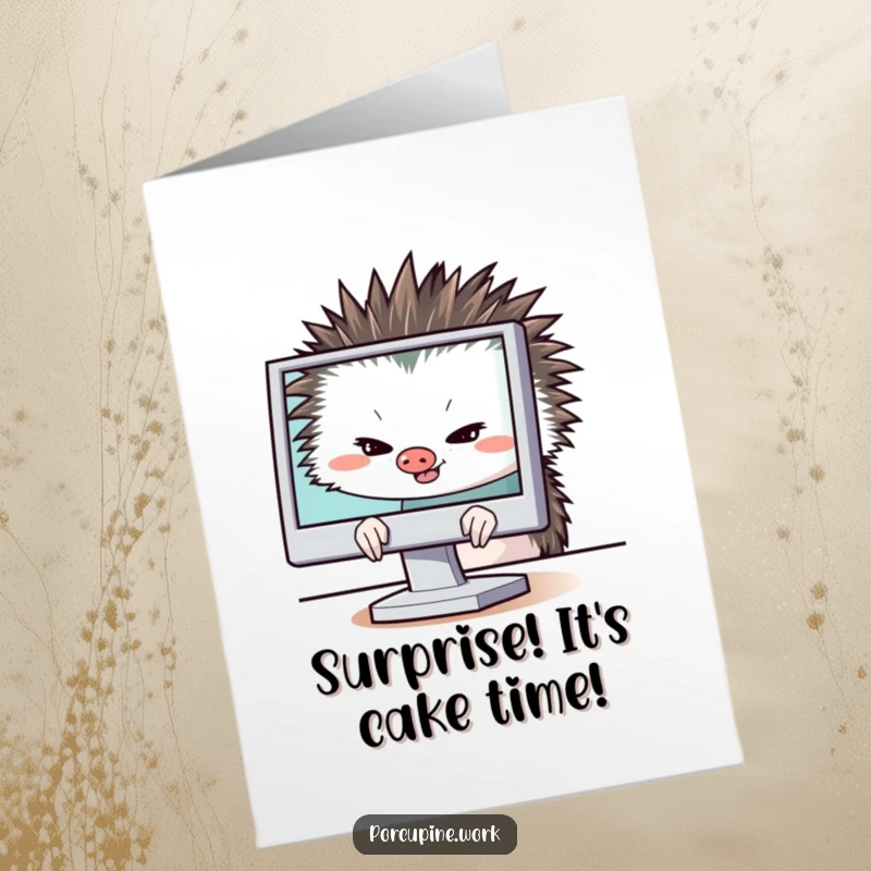 Funny free printable birthday card showing a porcupine peeking from behind a computer monitor with a sly, mischievous grin.