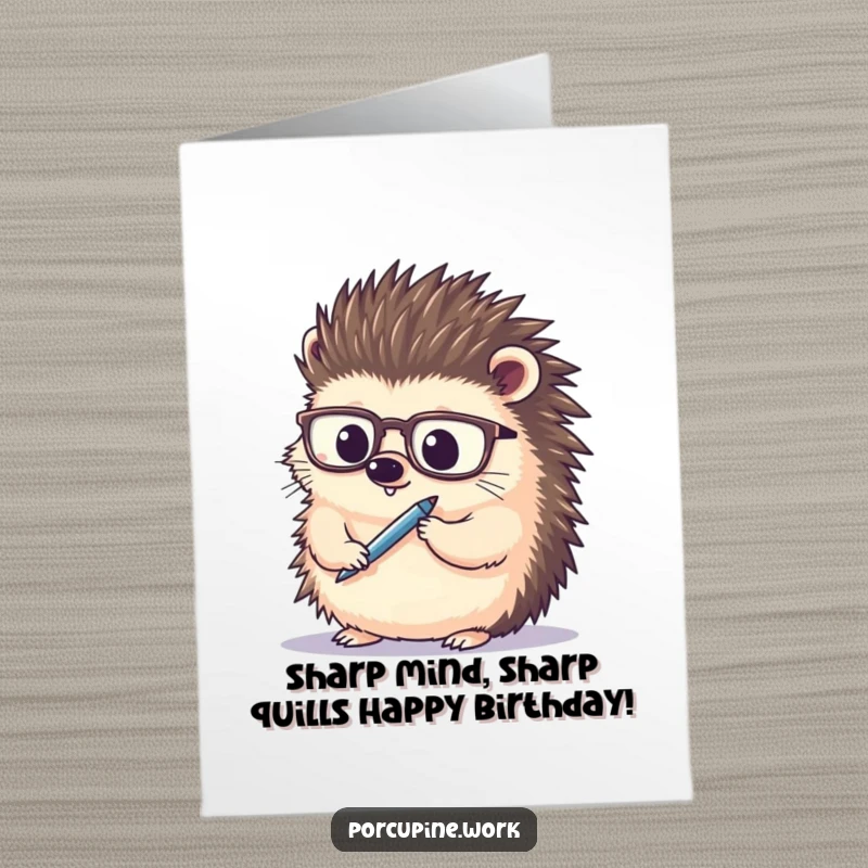 Funny free printable birthday card featuring a wise porcupine in spectacles, holding a pen thoughtfully. Perfect for bookworms.