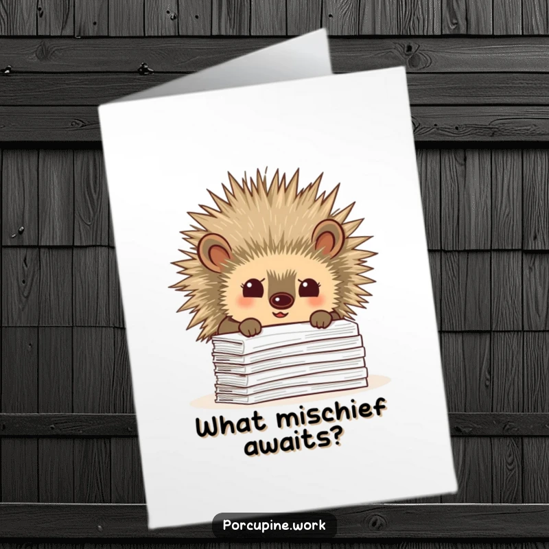 Funny Free Printable Birthday Card: A porcupine peeking over a stack of paperwork with a curious tilt, office mystery.