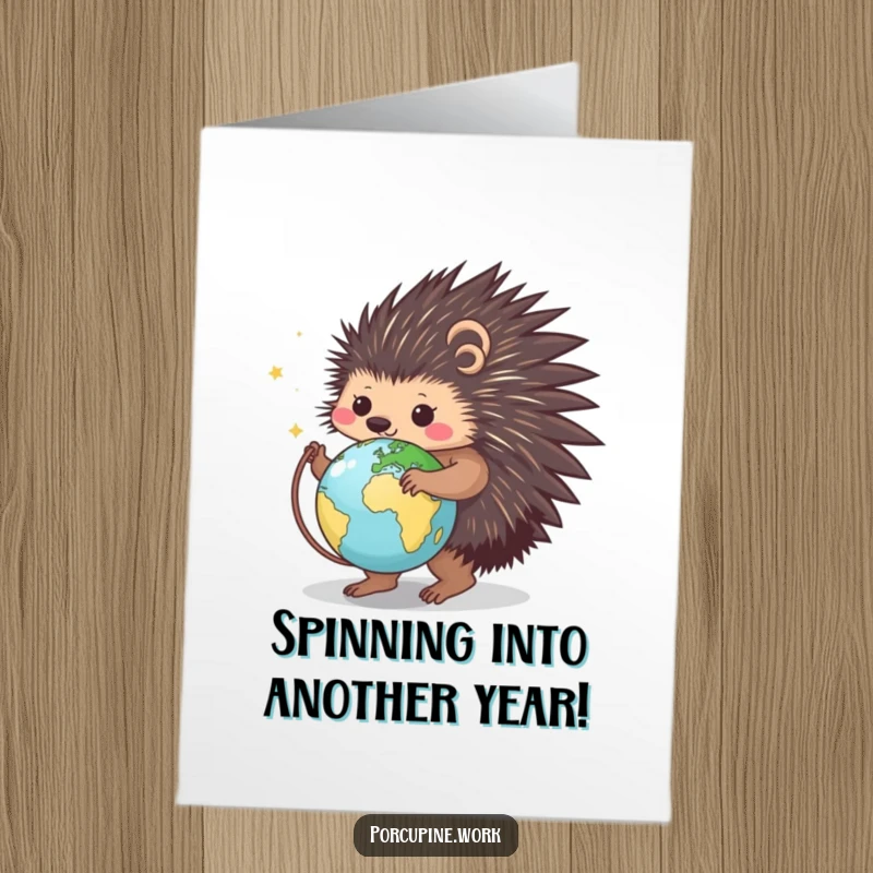 Funny Free Printable Birthday Card: A smiling porcupine happily spins a tiny globe, celebrating a birthday adventure.