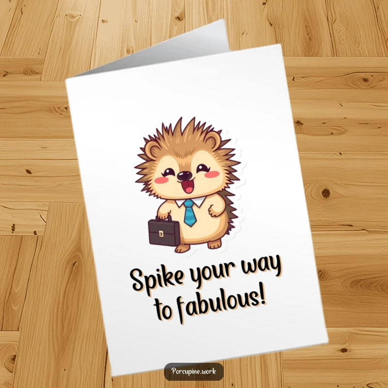 Funny Free Printable Birthday Card: Round porcupine in a tie, holding a briefcase, ready for corporate fun.