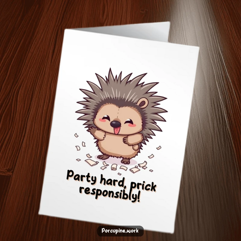 Funny Free Printable Birthday Card: Mischievous porcupine with outstretched quills, scattering paper scraps wildly.