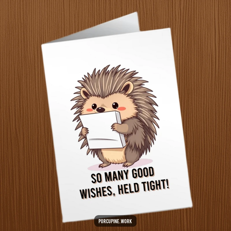 Funny Free Printable Birthday Card: A porcupine precariously balances a large stack of papers on its quills.