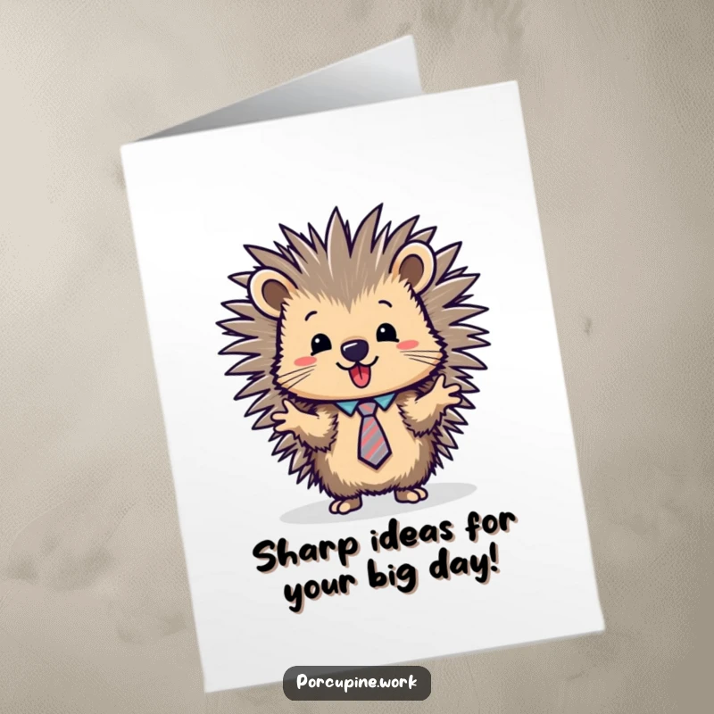 Funny Free Printable Birthday Card: A porcupine in a tiny tie passionately presents with a smile, perfect for a laugh.