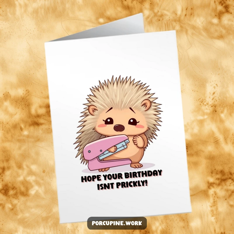 Funny Free Printable Birthday Card: A porcupine bewilderedly stares at a stapler it holds in its paws.