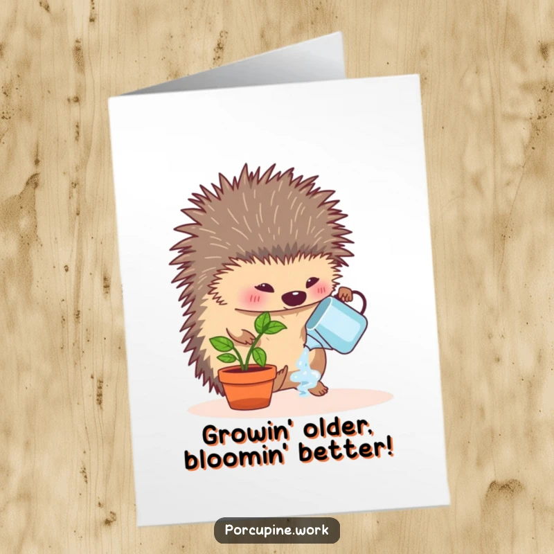 Funny Free Printable Birthday Card: A porcupine enthusiastically watering a tiny potted desk plant with a cheerful grin.
