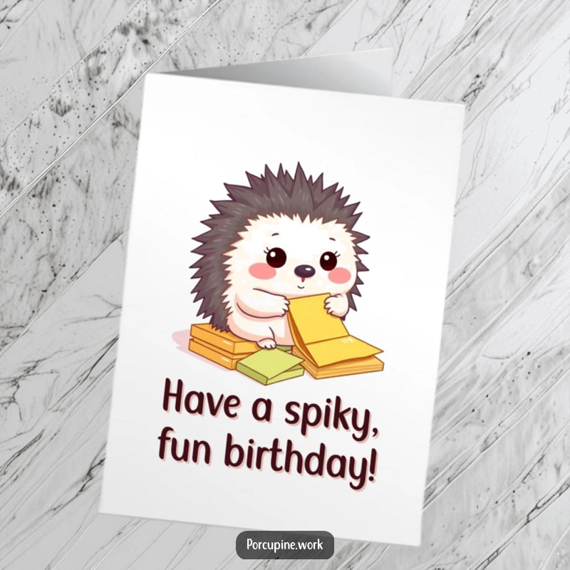 Funny Free Printable Birthday Card: A happy porcupine diligently sorts colorful sticky notes with a focused expression.