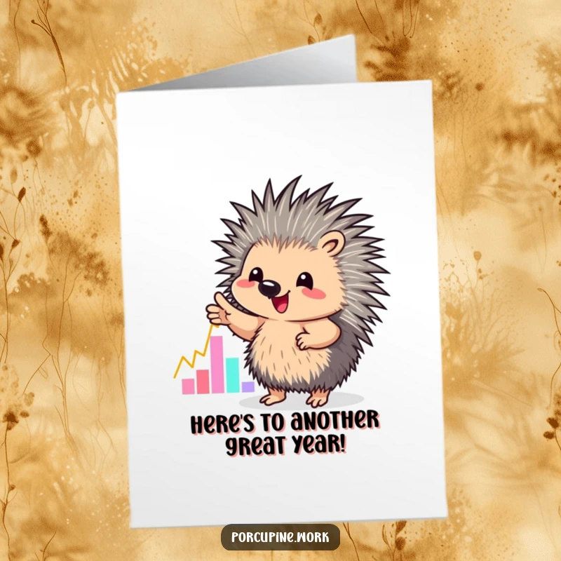 Funny Free Printable Birthday Card: A porcupine excitedly points at an upward trending colorful graph, wishing great success.