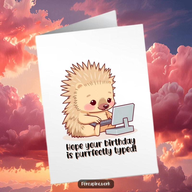 Funny Free Printable Birthday Card: A porcupine awkwardly types on a mini keyboard with wide eyes.