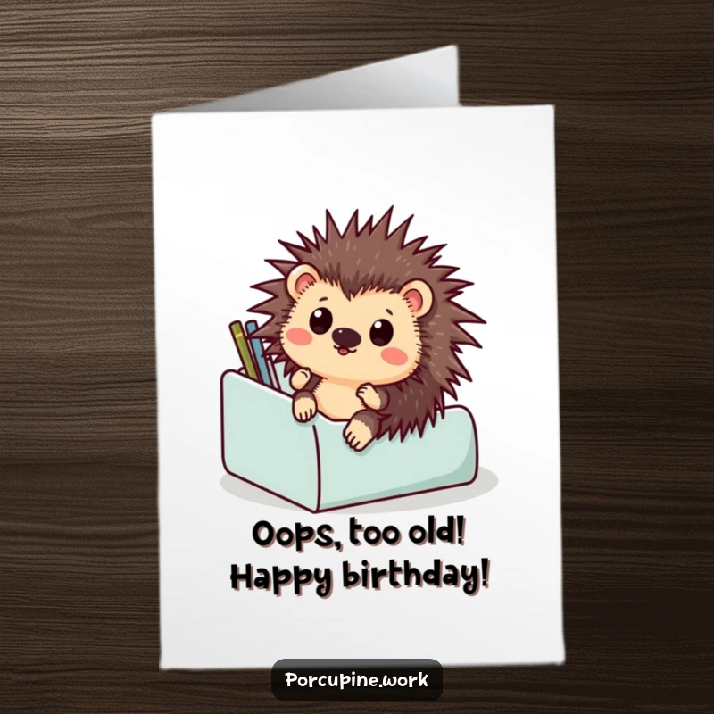 Funny free printable birthday card showing a surprised porcupine hilariously sliding down a desk organizer, ready to deliver birthday cheer.