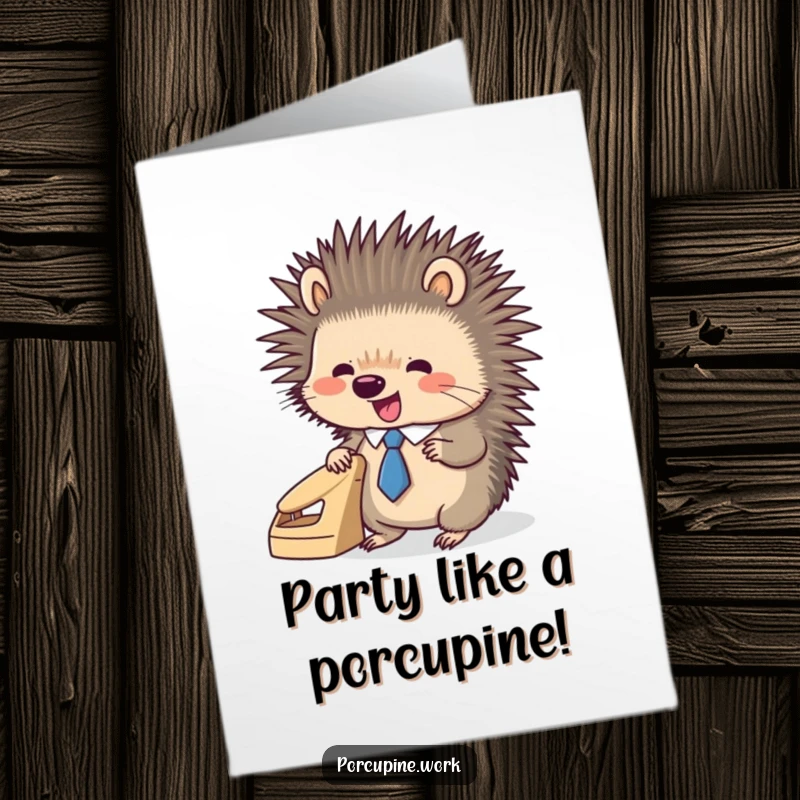 Funny Free Printable Porcupine Birthday Card, a porcupine in a tie punching paper with joy, sharp birthday wishes.