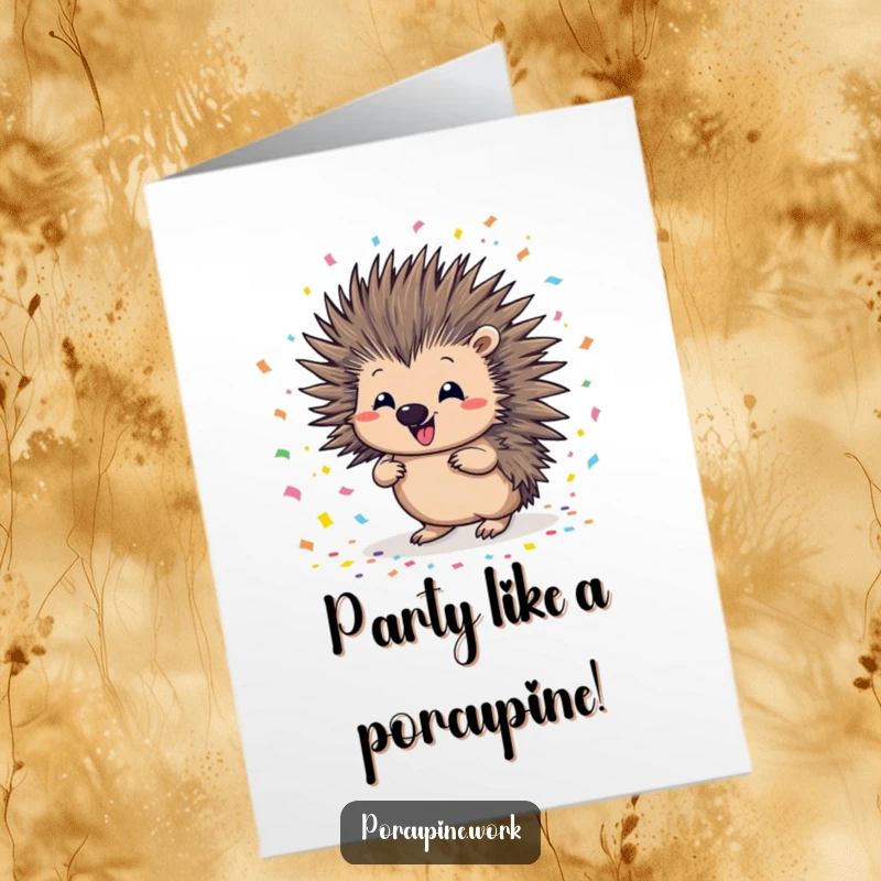 Funny Free Printable Birthday Card: A porcupine with a sly grin scatters vibrant confetti, ready to party.