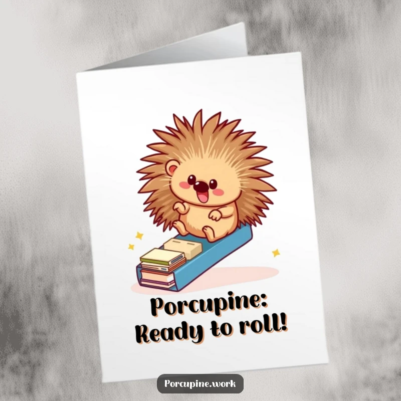 Funny Free Printable Birthday Card: A porcupine gleefully sliding down a file folder ramp, office fun captured.