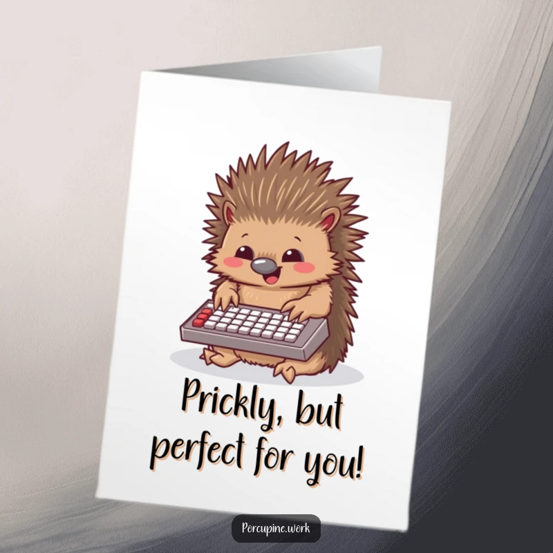 Funny Free Printable Birthday Card: A porcupine joyfully types on a tiny keyboard, perfect for a quirky card.
