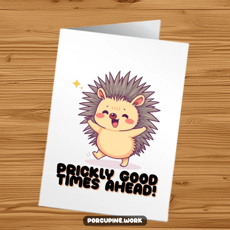 Funny free printable birthday card showing a joyful porcupine doing a tiny celebratory hop, radiating pure happiness.