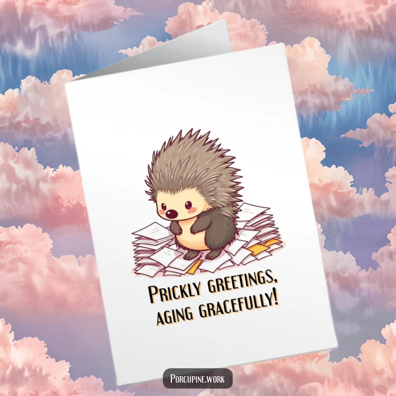 Funny Free Printable Birthday Card: A stressed porcupine buried in office papers, looking bewildered, perfect for a unique gift