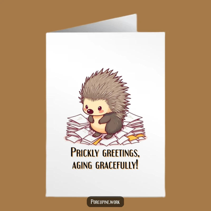 Free Printable Birthday Card: Funny Porcupine Overwhelmed by Papers for a Hilarious Downloadable Gift