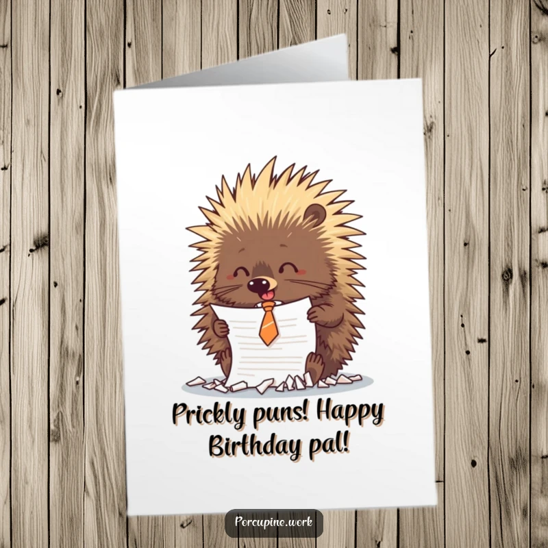 Funny Free Printable Birthday Card: A porcupine in a tie playfully tearing up a document, a symbol of birthday mayhem.