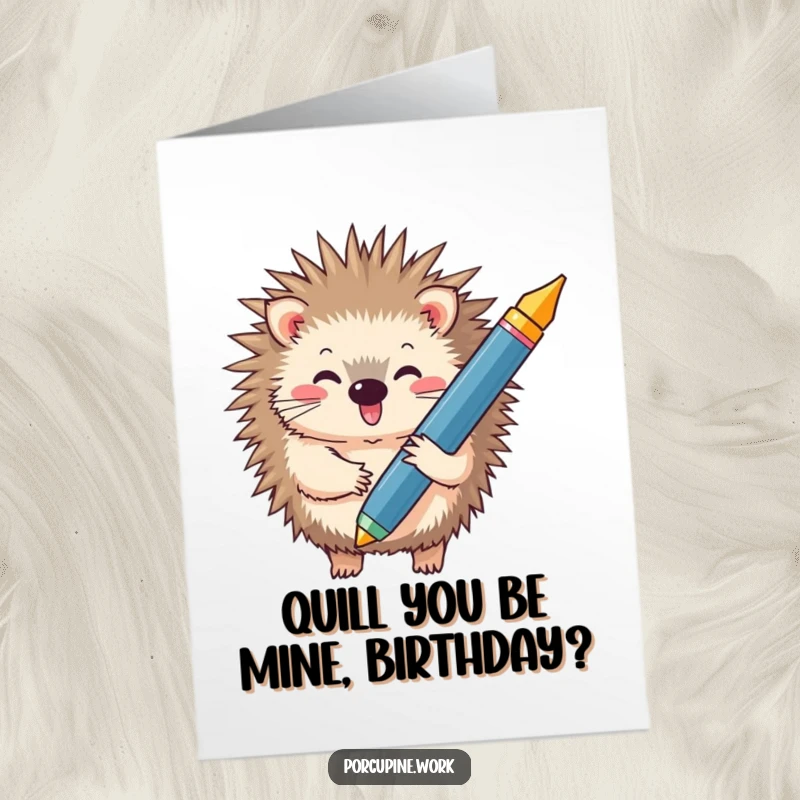 Funny Free Printable Birthday Card: A beaming porcupine proudly holds a giant pen, ready to sign off on birthday wishes. A truly unique downloadable.