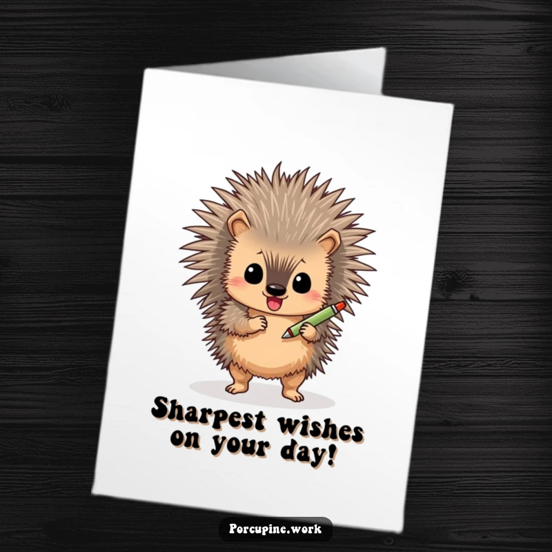 Funny Free Printable Birthday Card: A cute porcupine shimmies joyfully while holding a pen, ready to send birthday wishes.