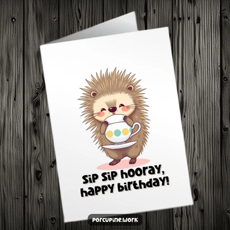 Funny free printable birthday card: a porcupine smiles while expertly balancing a teacup on its quills. A delicate situation!