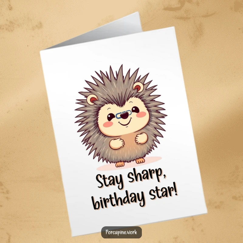 Funny Free Printable Birthday Card: A porcupine with a cheerful grin balancing a paperclip on its nose, office trick.