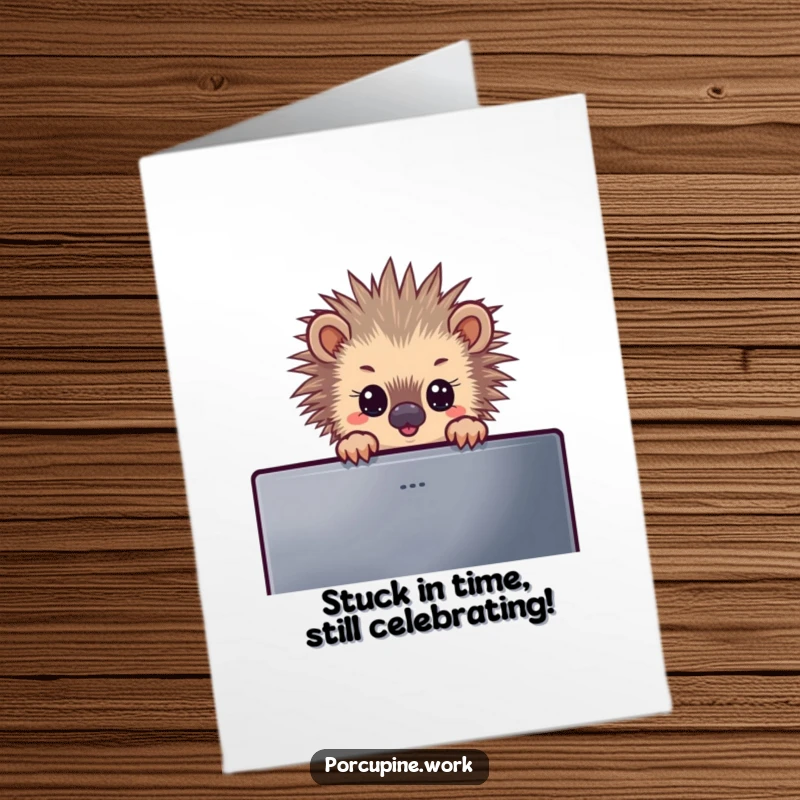 Funny Free Printable Birthday Card: Porcupine peeking over a computer monitor with wide, curious eyes, ready to deliver a laugh.