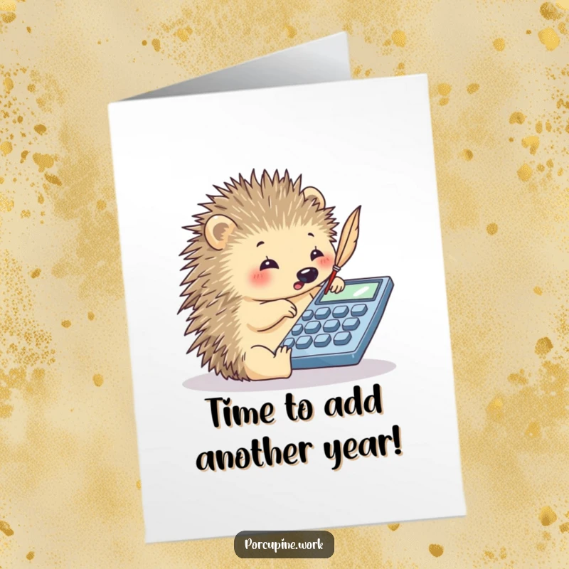 Funny Free Printable Birthday Card: A happy porcupine uses its quill to tap numbers on a calculator.