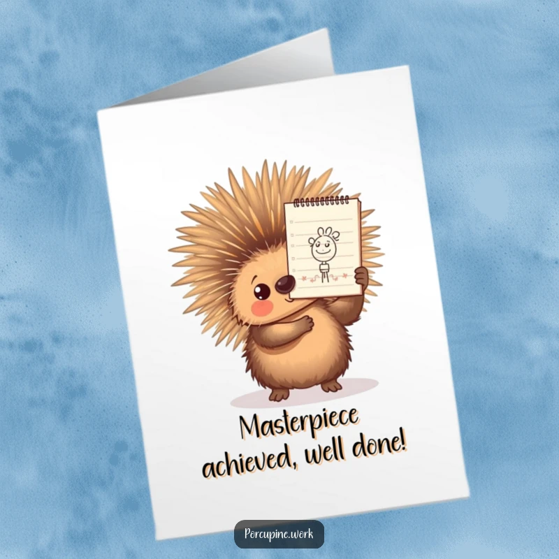 Funny free printable congratulations card: a porcupine holds up a notepad showing a great doodle, celebrating accomplishments.