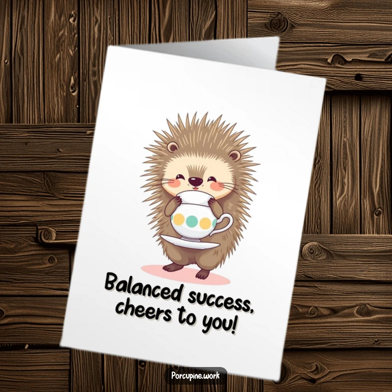 Funny free printable congratulations card: a porcupine smiles, balancing a teacup on its quills, signifying a well-managed success.
