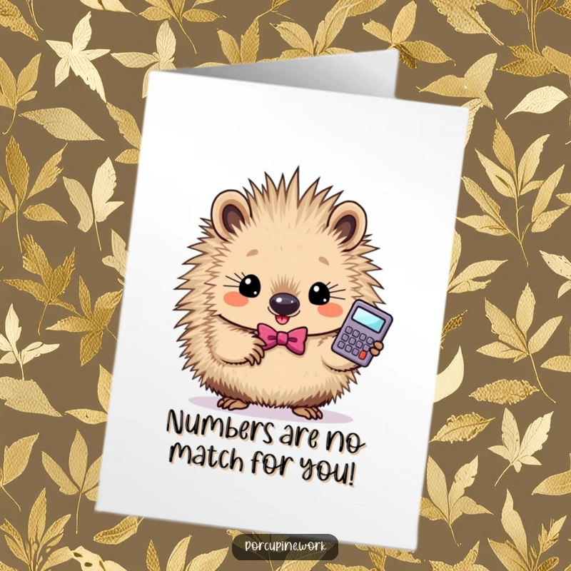 Funny Free Printable Congrats Card: Determined porcupine in a bowtie, proudly holding a tiny calculator.