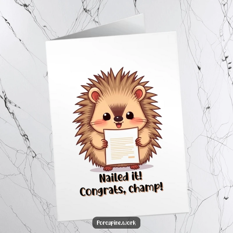 Funny free printable congratulations card showing a porcupine proudly presenting a document with an excited expression. Success is here!