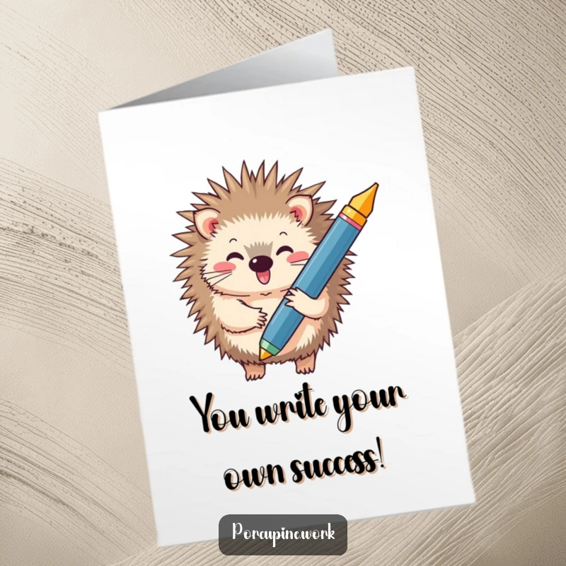 Funny Free Printable Congrats Card: A porcupine beams holding an oversized pen, symbolizing a grand achievement. Perfect for congratulations.