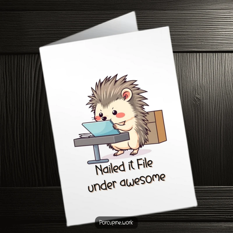 Funny Free Printable Congratulations Card of a porcupine expertly sliding a file folder, celebrating success.