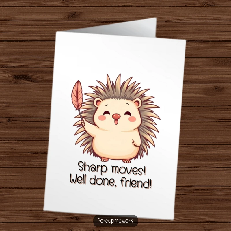 Funny Free Printable Congratulations Card with a cheerful porcupine waving, celebrating success with a quill.