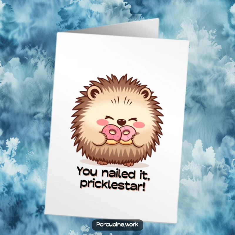 Funny Free Printable Congrats Card: Winking porcupine shares a donut, celebrating coworker success with a sly grin.