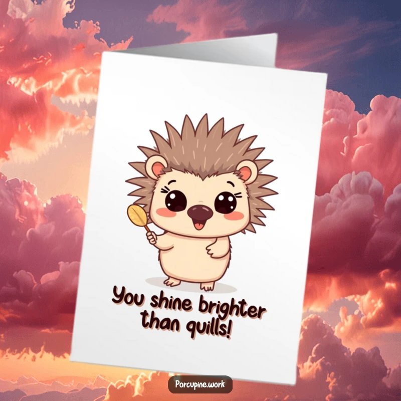 Funny Free Printable Congrats Card: Happy porcupine presenting a quill, celebrating a great success.