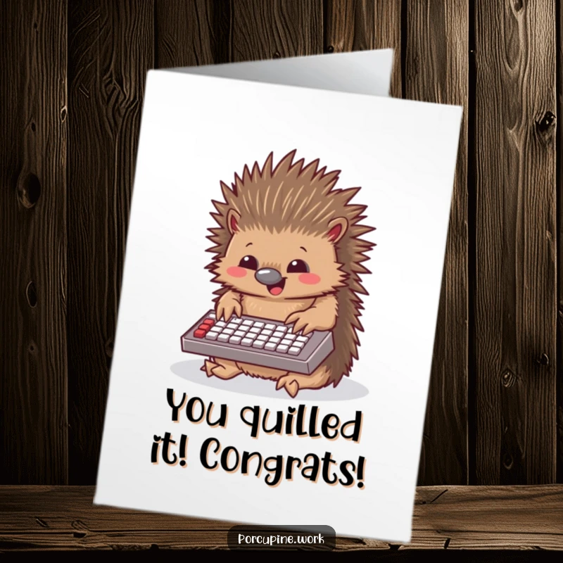 Funny Free Printable Congrats Card: A porcupine enthusiastically types on a miniature keyboard, celebrating success.